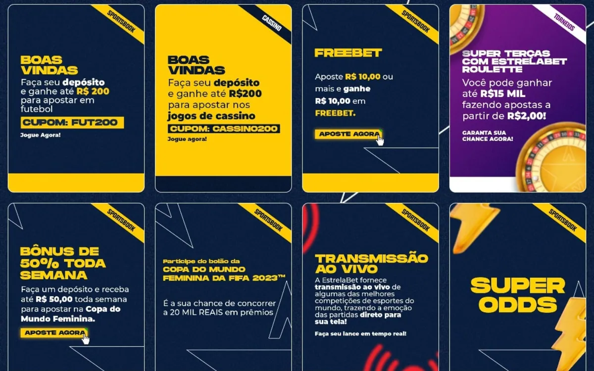 Página de promoções e bônus da Estrela Bet, mostrando diversas ofertas de apostas e cassino.