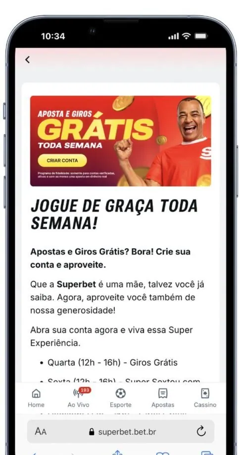 Página de promoção com apostas e giros grátis no site da Superbet Brasil